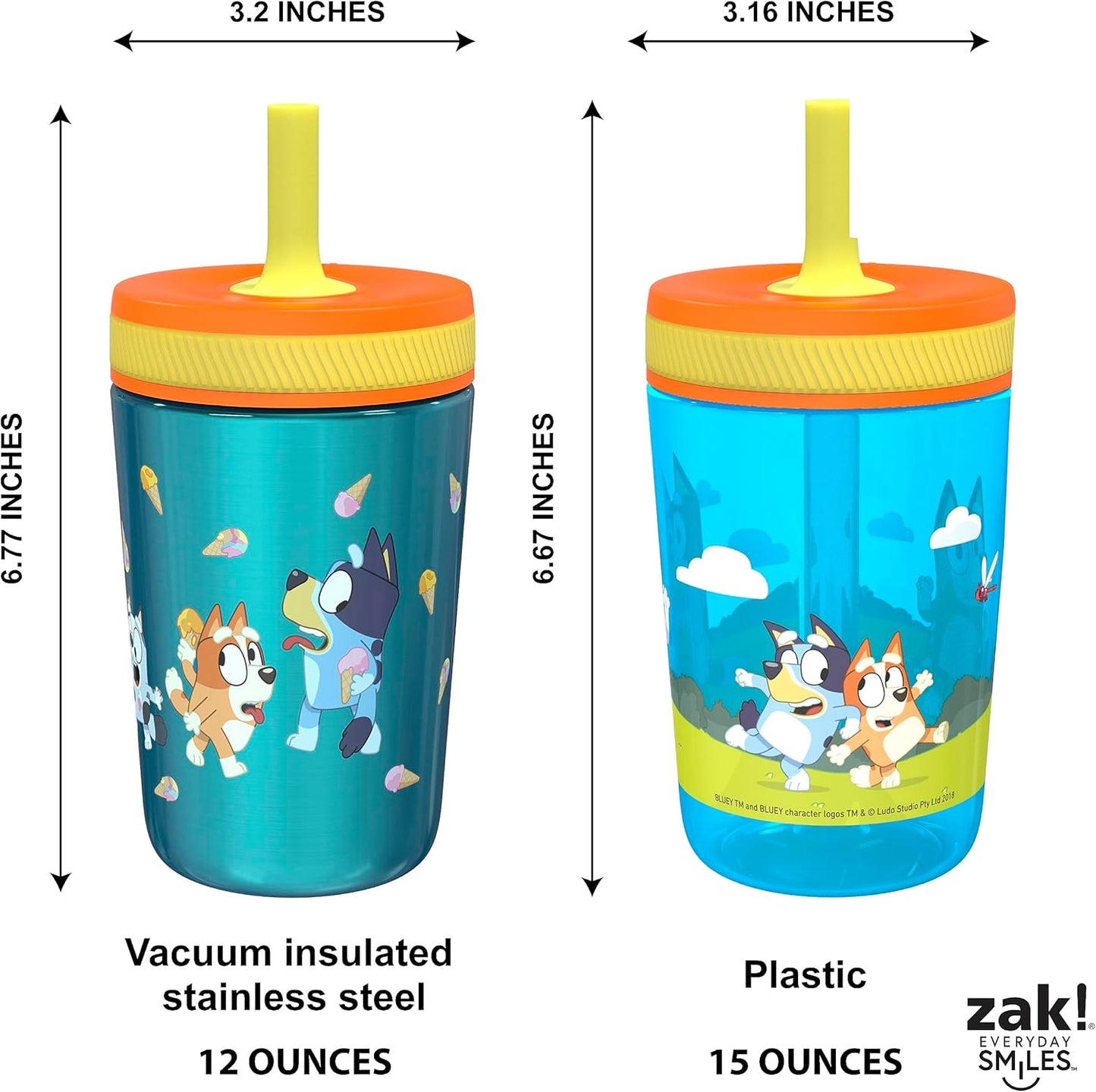 Zak Designs Bluey Kelso Tumbler Set, Leak-Proof Screw-On Lid with Straw, Bundle for Kids Includes Plastic and Stainless Steel Cups with Bonus Sipper, 3pc Set (Pack of 12)