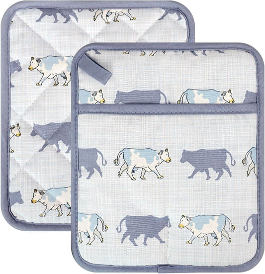 Pot Holders Set of 2 Heat Resistant 480℉ Kitchen 100% Cotton Comfortable Lining Printing Fox Flower Women Men Home Cooking Baking Microwave BBQ Gift (Cow potholder)