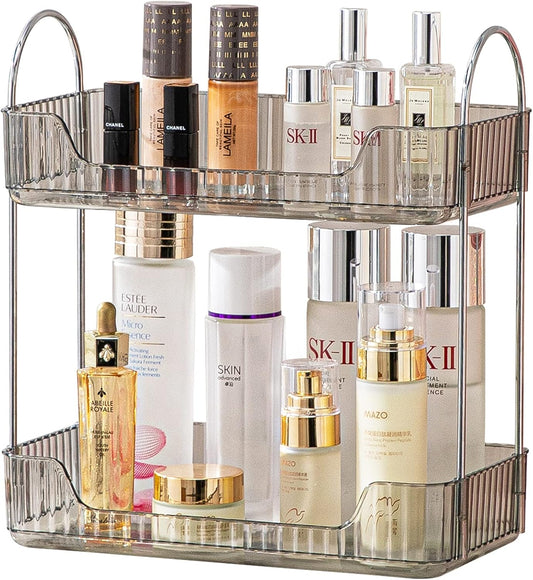 Bathroom Counter Organizer - Countertop Storage, Cosmetics & Skincare Shelf, Makeup Organizer, Perfume Tray, Spice Rack for Kitchen (2 Tier - Grey)