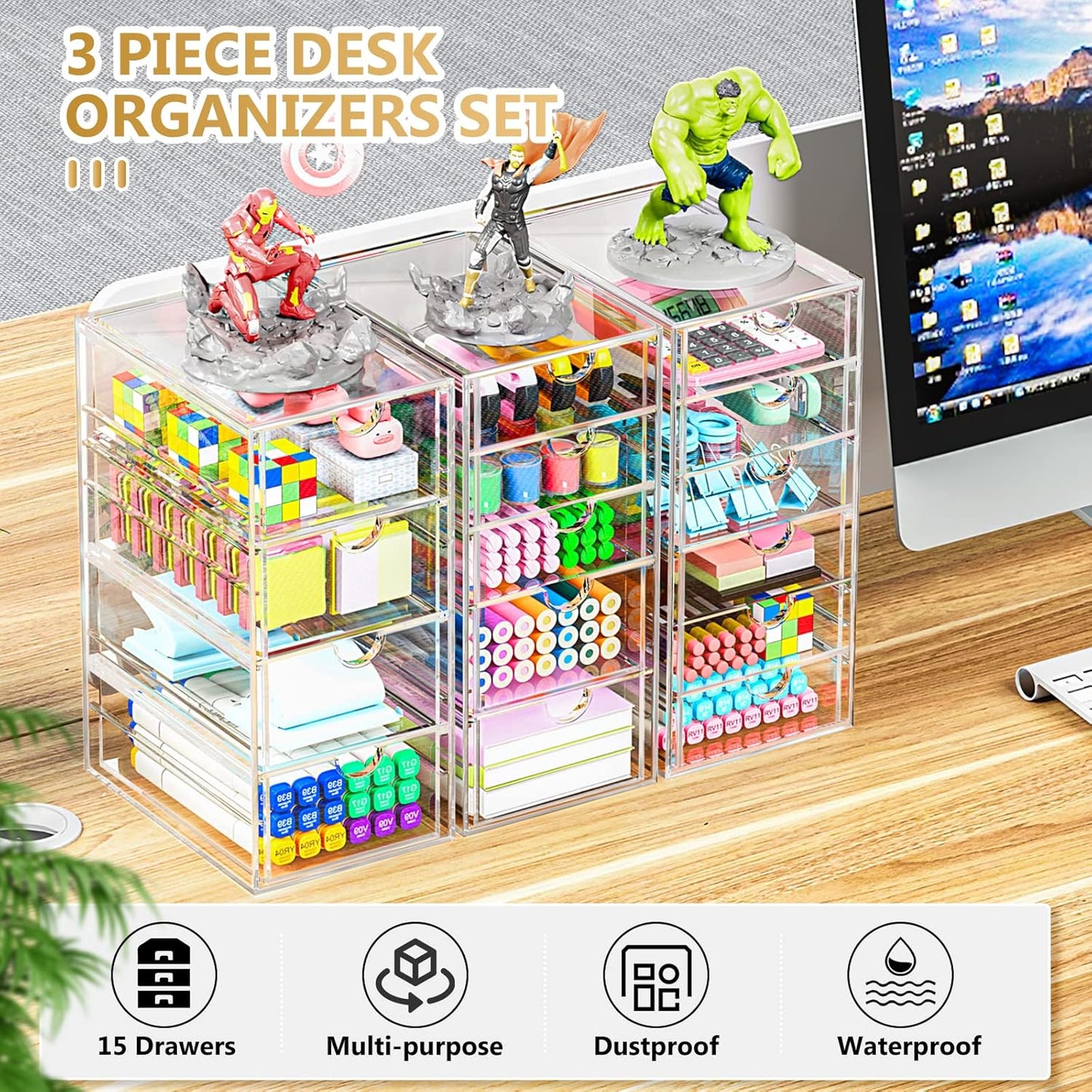 Acrylic 3 Pack Desk Organizers and Accessories, Makeup Organizer Storage With 15 Drawers, Desk Organizers, Dustproof Drawer Organizer and Storage for Make Up, Jewelry, DIY Pen