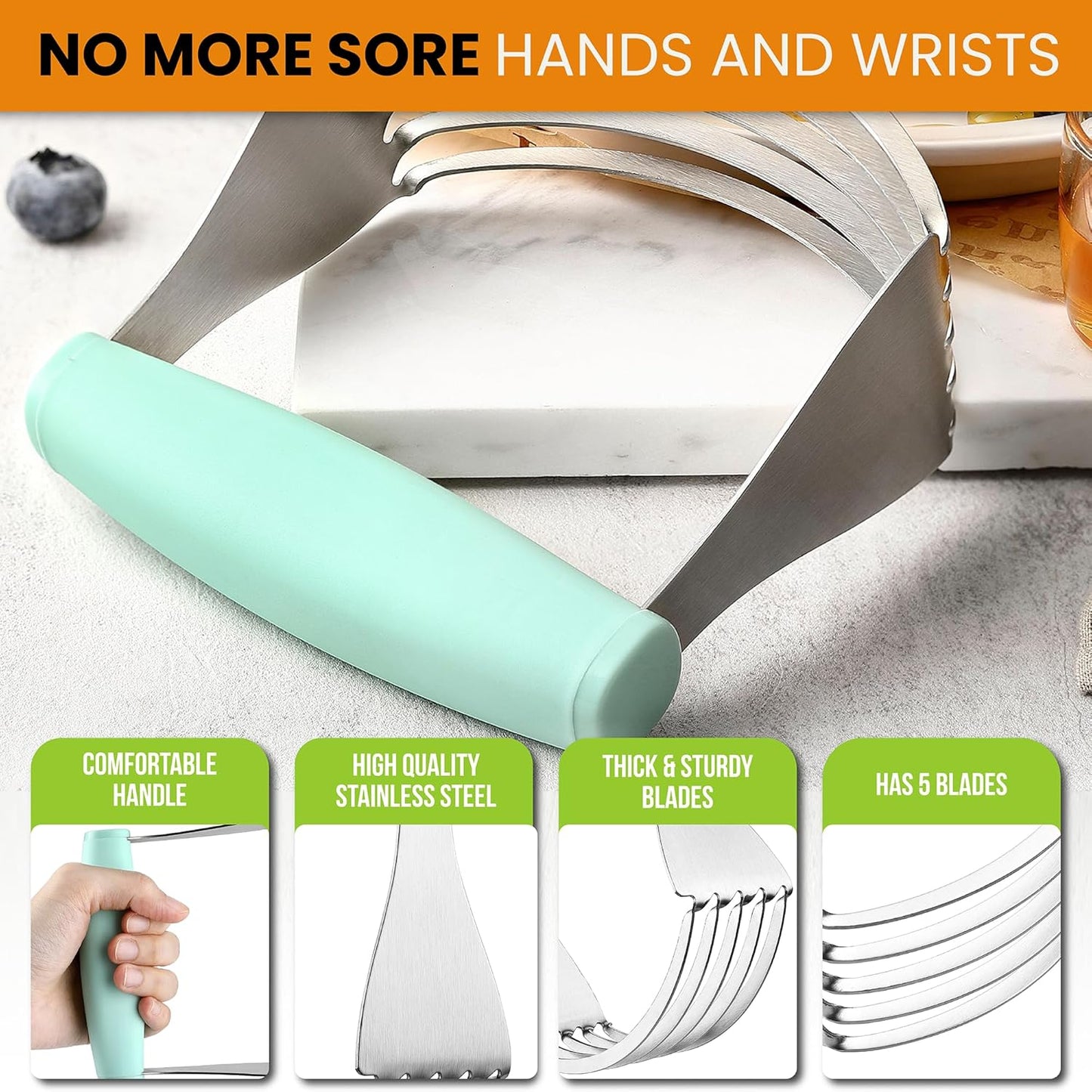 Spring Chef XL Dough Blender For Baking, Heavy Duty Manual Dough Mixer, Stainless Steel Pastry Cutter with Sharp Blades, Pastry Blender for Easy Mixing, Dishwasher Safe - Mint