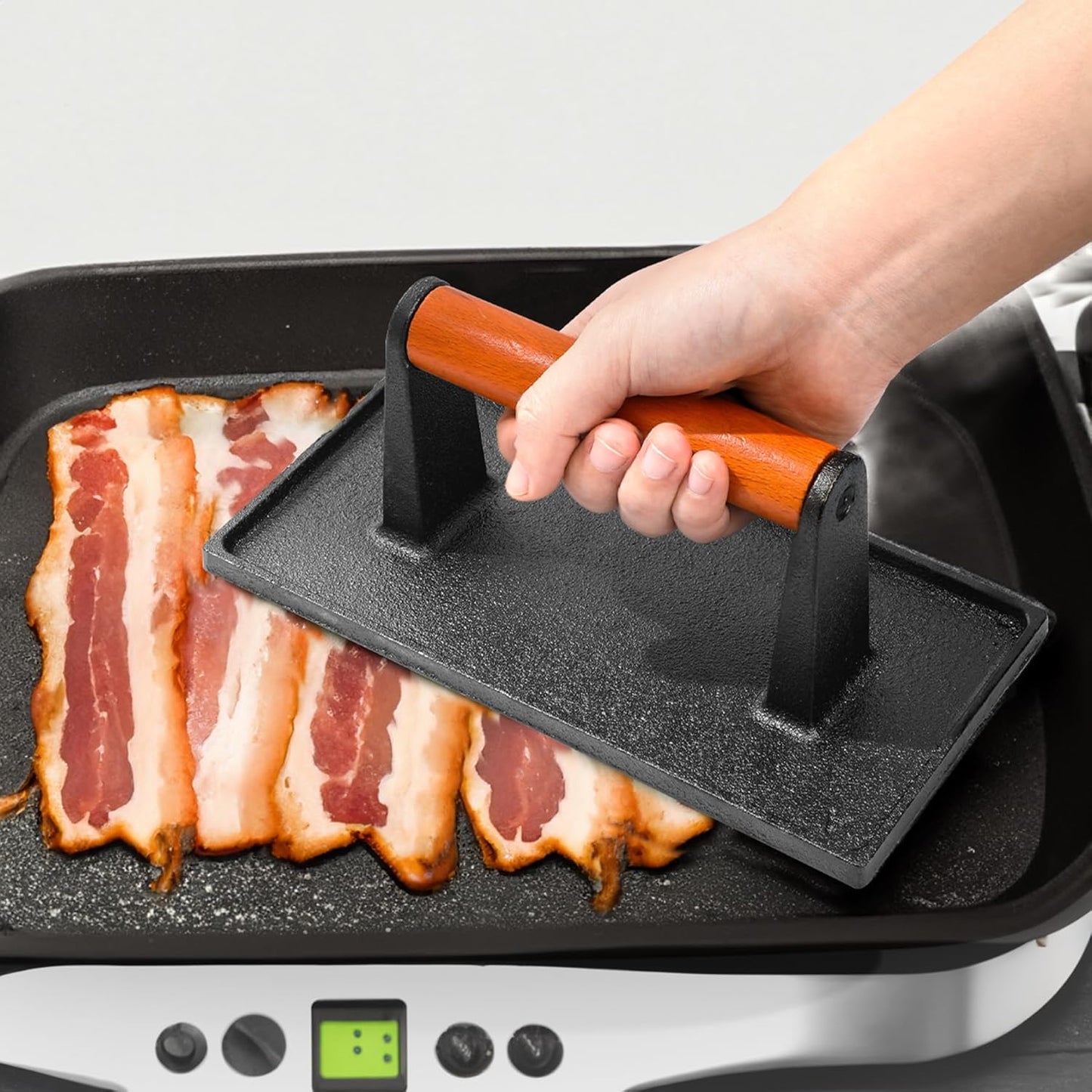 vivicreate 8.5 inch Rectangle & 7 inch Round Smash Burger Hamburger Smasher Patty Maker cast Iron Grill Weight Bacon Press Wood Handle prensa de hamburguesas prensa de Hierro fundido