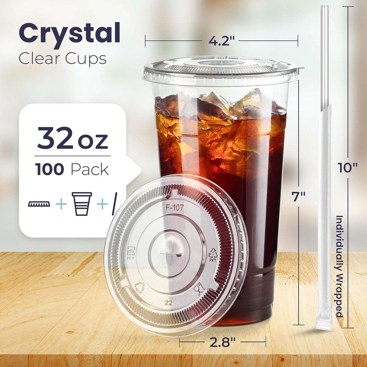 Fit Meal Prep 100 Pack 32 oz Plastic Iced Coffee Cups with Flat Lids and Clear Straws, Disposable Clear Cup, BPA Free Cup for Party, Smoothie, Cold Drinks, Juice, Milkshake, Bubble Boba, Tea