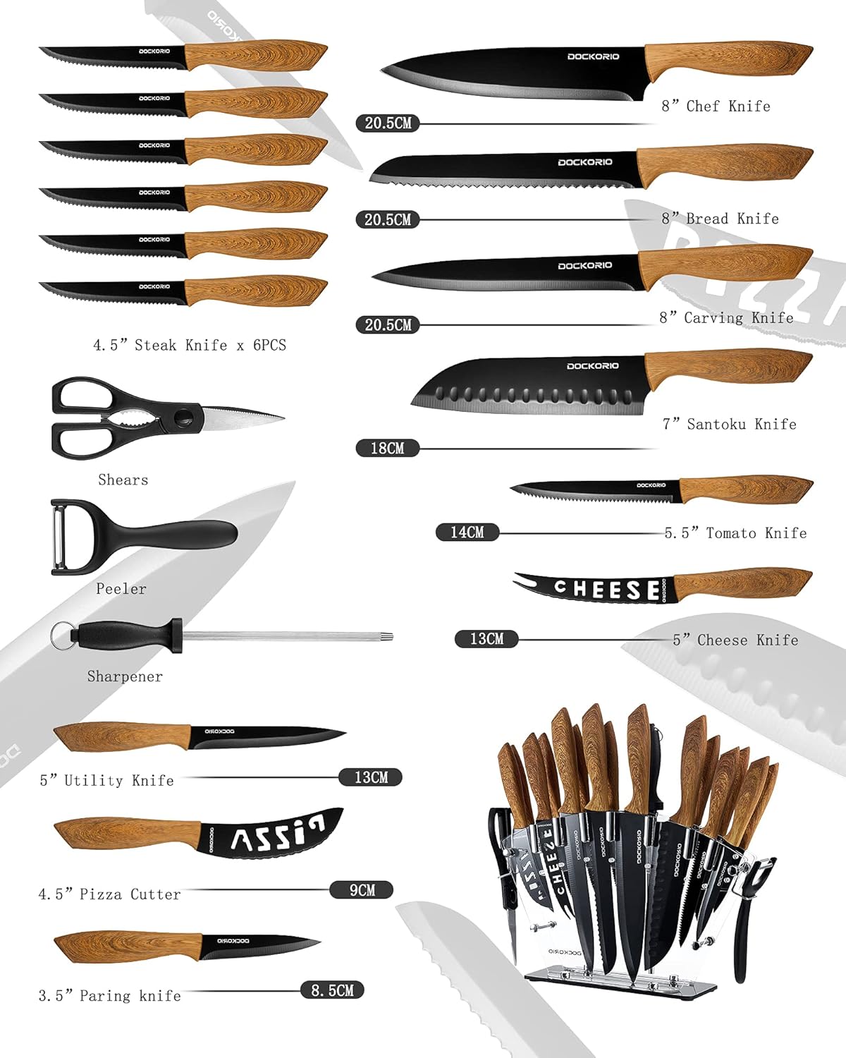 Kitchen Knife Set with Block, all in one 19 PCS High Carbon Stainless Steel Sharp Serrated Steak Knives Set, Chef Knives, Bread Knife, Scissor, Sharpener
