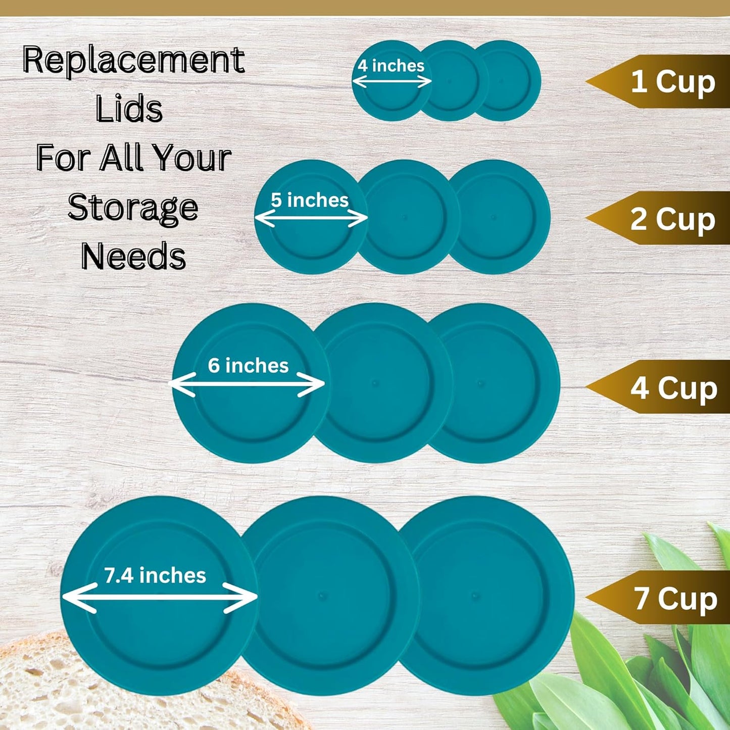 1, 2, 4 & 7 Cup Turquoise Replacement Lids/Covers for Pyrex, Anchor Hocking & KlareWare Storage Bowls *Lids Only Glass Container Not Included* (12 Pack *Three of Each Size*)