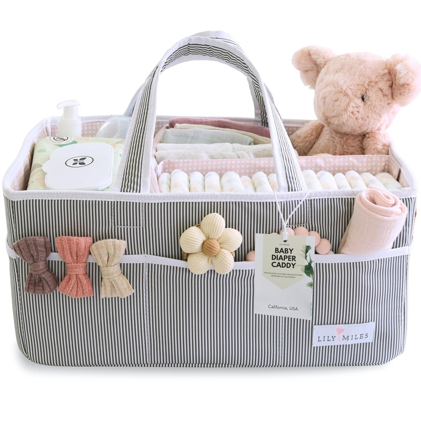 Lily Miles Baby Diaper Caddy Organizer, Girl Nursery Storage Basket with 8 Pockets, Baby Organizer and Storage, Easy-to-Clean Fabric, Large, Pink Blush