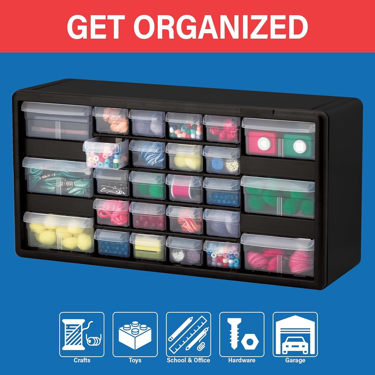 Akro-Mils 26-Drawer Plastic Drawer Storage Cabinet for Garage Organization, Bead Organizer, Building Bricks Storage, Teacher Toolbox, Makeup Organizer, 20" W x 6" D x 10" H, 10126 Black