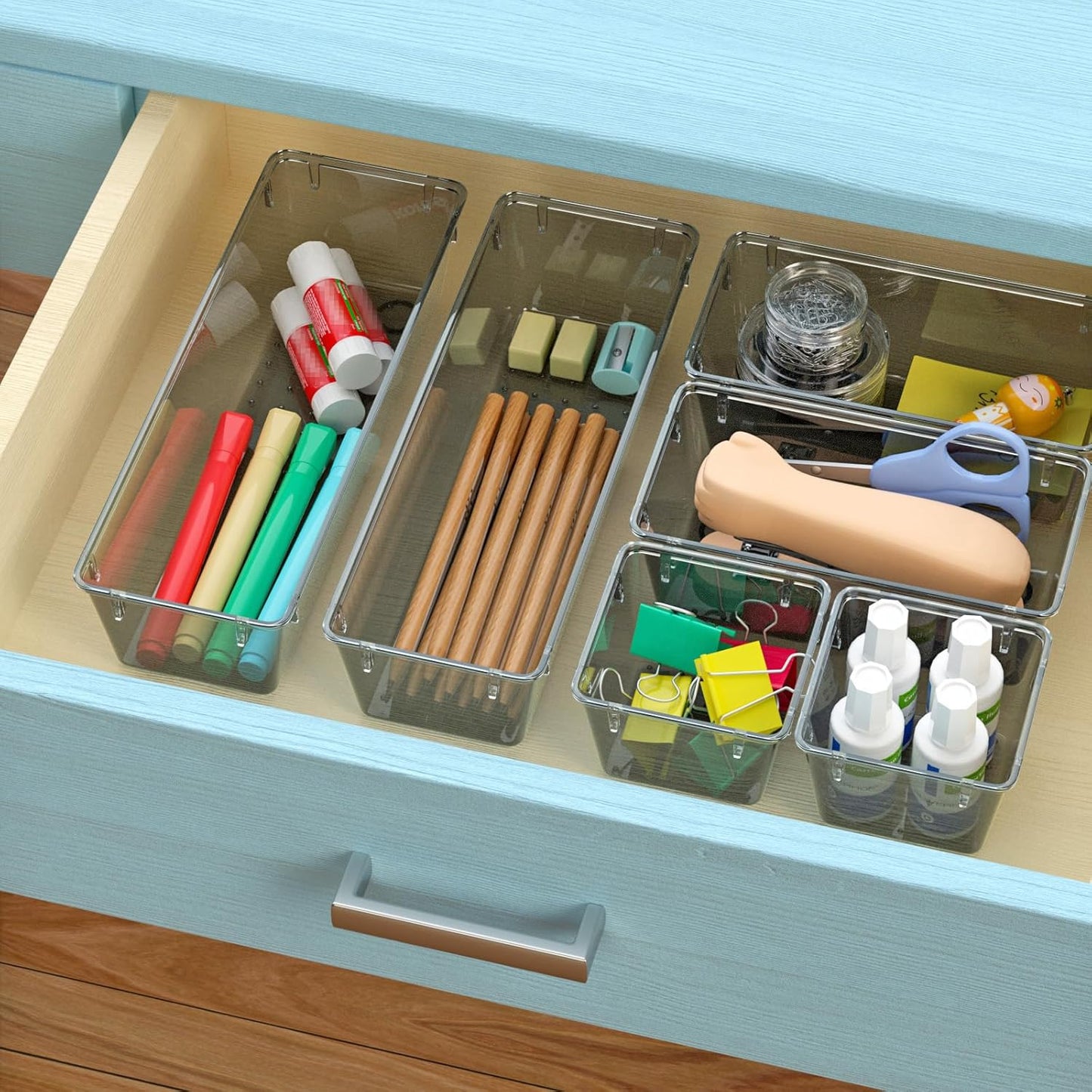 WOWBOX 6 Pack Clear Drawer Organizer Set, Acrylic Drawer Storage Trays, Storage Bins for Makeup, Cosmetics, Jewelries, Utensils, Gadgets, Office, Black