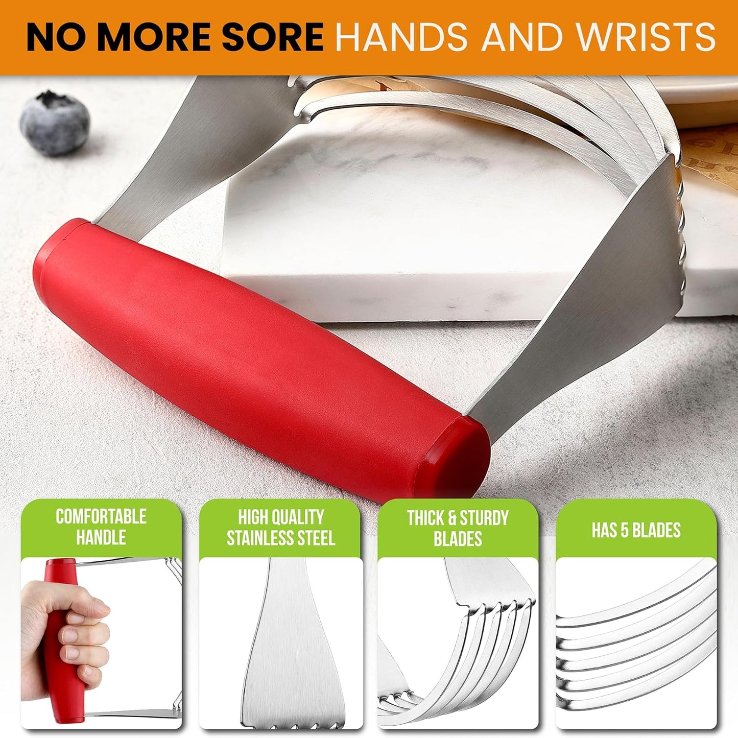 Spring Chef Red XL Size Dough Blender Tool For Baking, Heavy Duty Pastry Blender Tool for Easy Mixing, Stainless Steel Pastry Cutter with Sharp Blades, Dishwasher Safe Dough Mixer