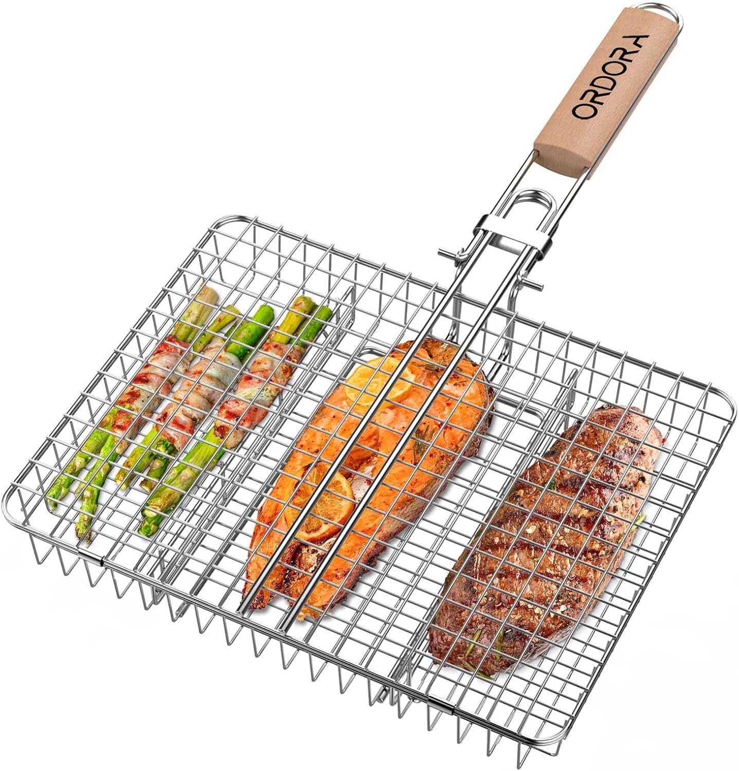 ORDORA Grill Basket, Fish Grill Basket, Rustproof Stainless Steel BBQ Grilling Basket for Meat,Steak etc, Grill Accessories,Grilling Gifts for Men Dad