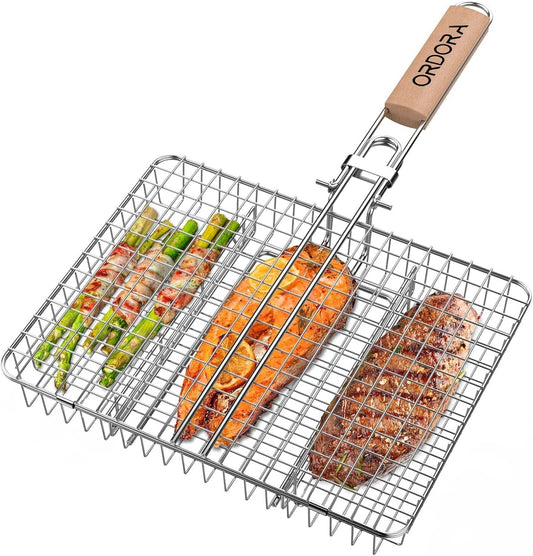 ORDORA Grill Basket, Fish Grill Basket, Rustproof Stainless Steel BBQ Grilling Basket for Meat,Steak etc, Grill Accessories,Grilling Gifts for Men Dad