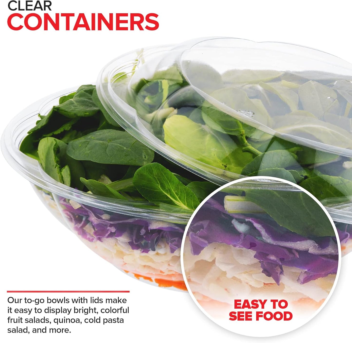 Stock Your Home 64 oz Clear Plastic Salad Bowls with Lids Disposable 120 Pack, Extra Large Takeout Containers for Fruit Salads Meal Prep and Parties