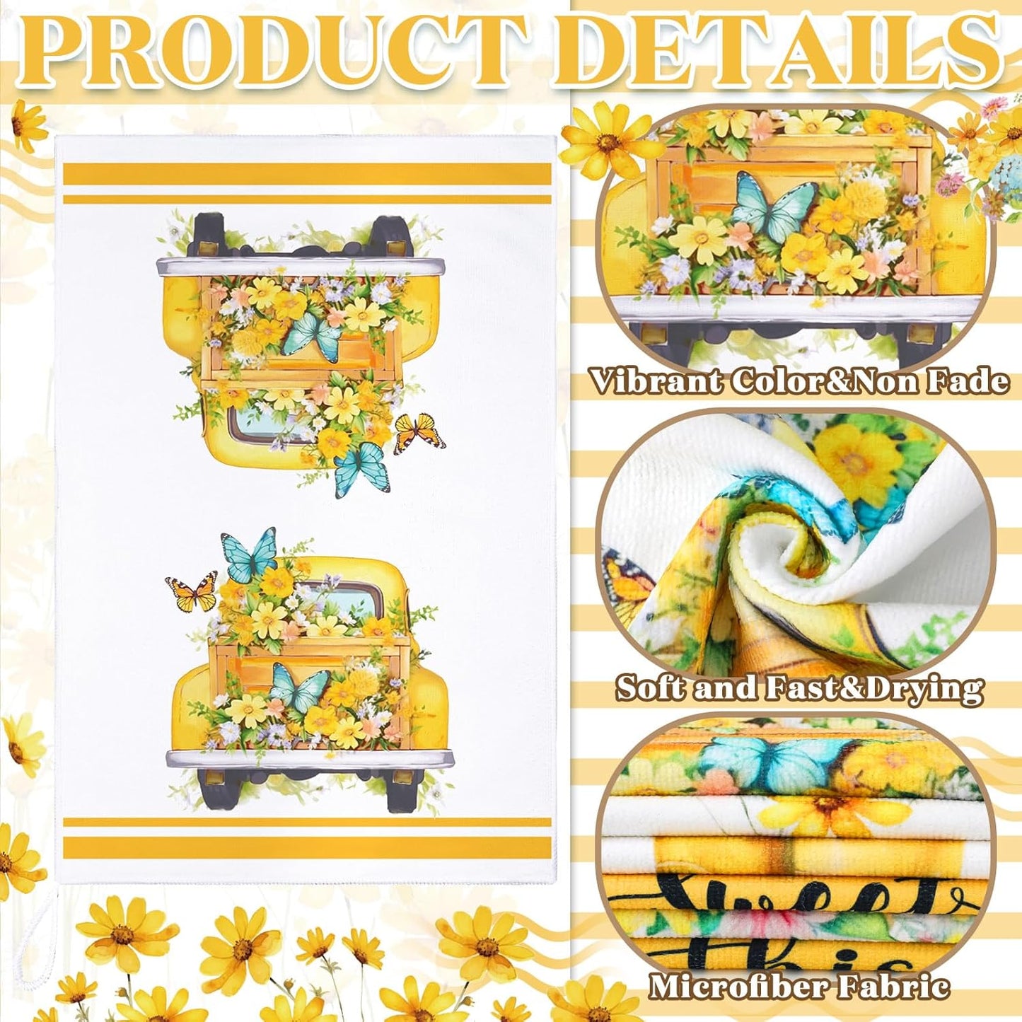 Boyiee Set of 6 Yellow Flower Kitchen Towels Decorative Floral Tea Towels Absorbent Home Dish Towels 24 x 16 Inch Truck Reusable Hand Towel Housewarming Gift for Farmhouse Kitchen Bathroom Decoration