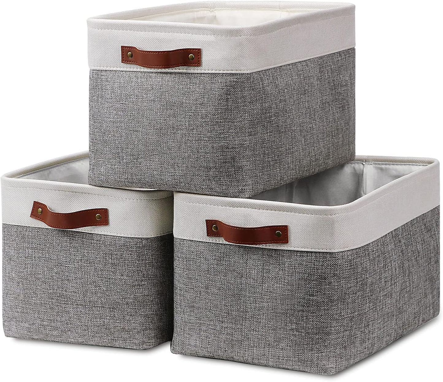 HNZIGE Fabric Storage Baskets for Shelves(3 Pack) Large Collapsible Storage Baskets for Organizing, Decorative Baskets Bins Set with Handles for Closet, Clothes, Toy(White&Gray,15" x 11" x 9.5")