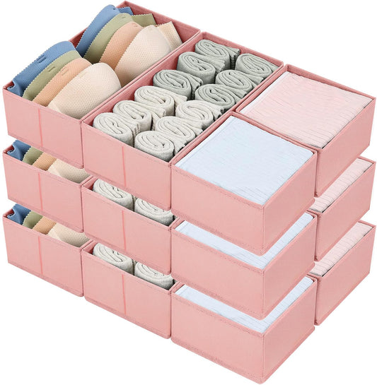 DIMJ Drawer Organizers - Set of 12 Fabric Closet Organizers and Storage, Drawer Dividers for Baby Clothes, Socks, Belt, Tie (Pink)
