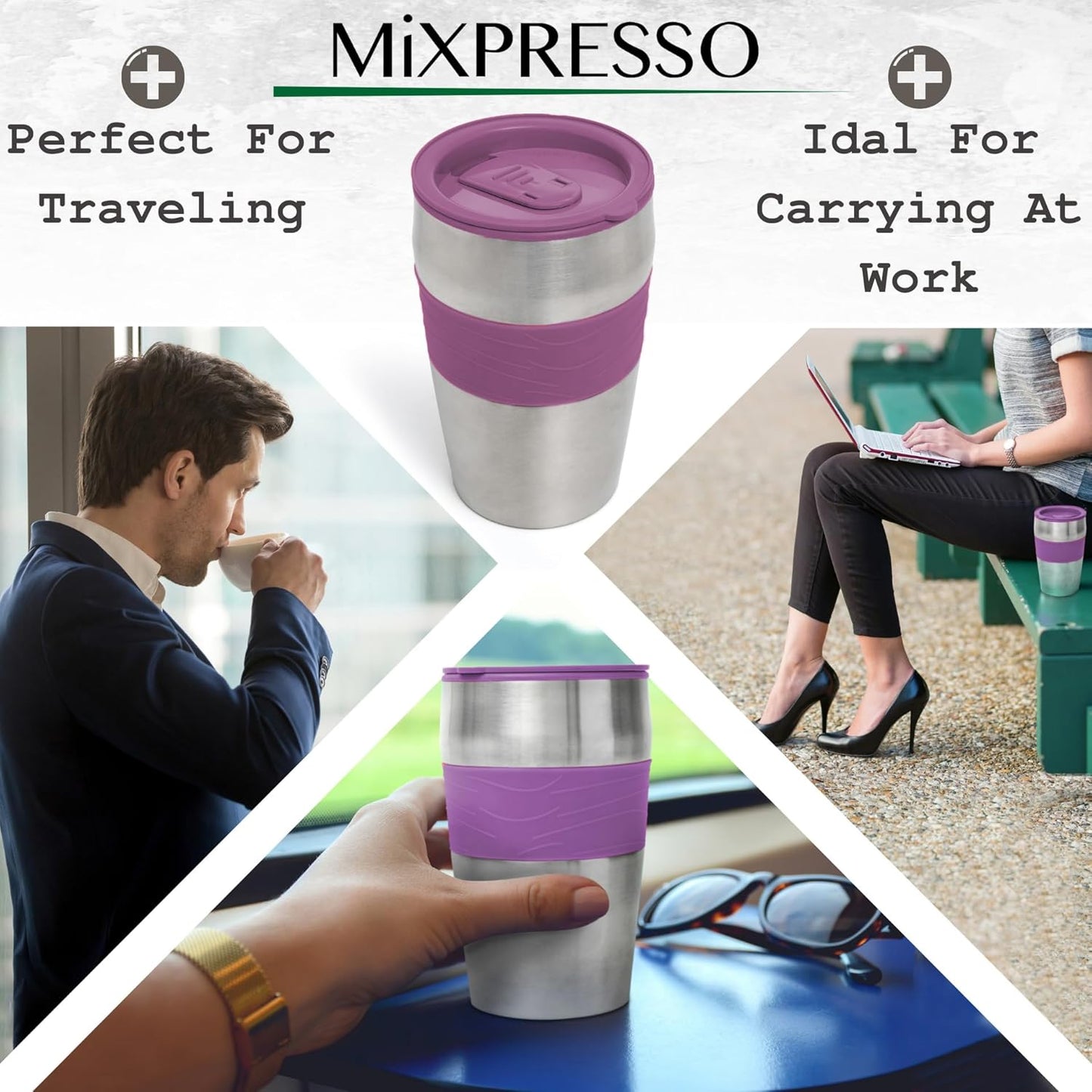 Mixpresso Purple Personal Single Serve Coffee Maker with 14oz Travel Mug, Drip Small Coffee Maker with Auto Shut Off, Reusable Filter, Works with Ground Coffee Only – Not for K-Cup Pods