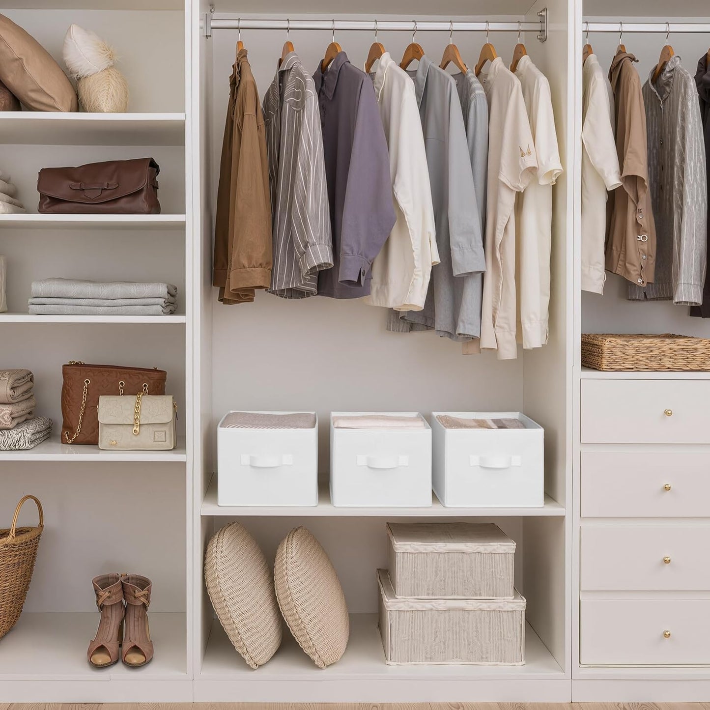 StorageWorks Storage Baskets for Shelves, Foldable Fabric Closet Storage Bins with Handles, Fabric Storage Bins Clothes Organizer, White, 3-Pack, Large