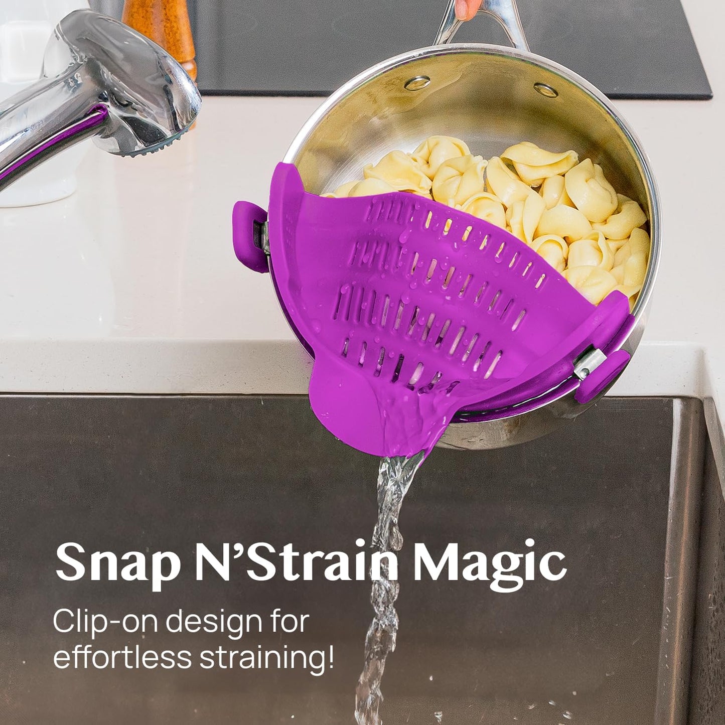 Kitchen Gizmo Snap N Strain Pot and Pasta Strainer - Strainers and Colanders - Adjustable Silicone Clip On Strainer for Pots, Pans, and Bowls - Kitchen Colander - Purple