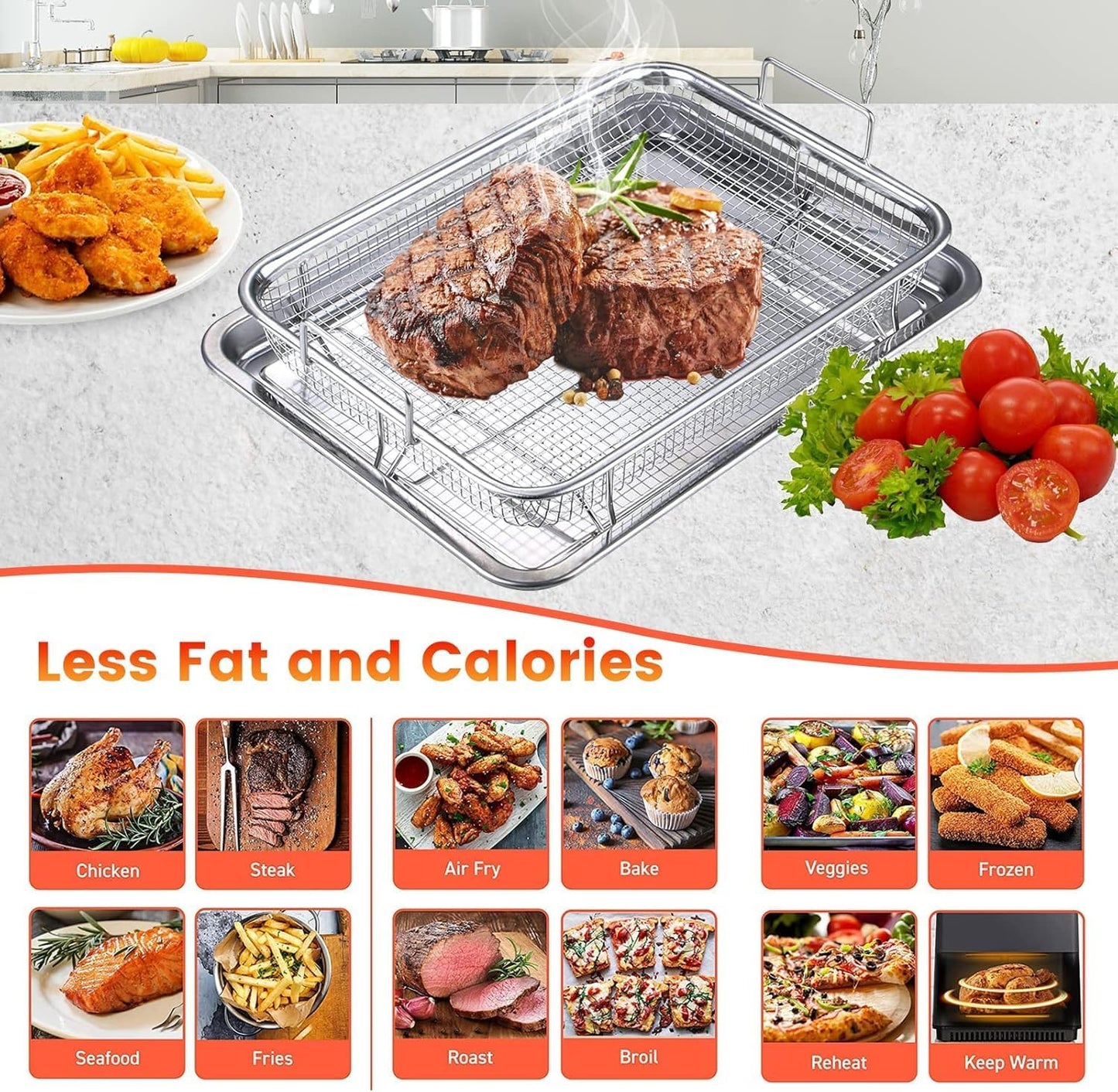 Air Fryer Basket for Oven,2 Pieces 11.8'' * 8.8'' Non-stick Stainless Steel Mesh Grill Basket Air Fryer Baking Tray Accessories Rack Roasting Basket for Convection Oven with Air Fryer, Dishwasher Safe