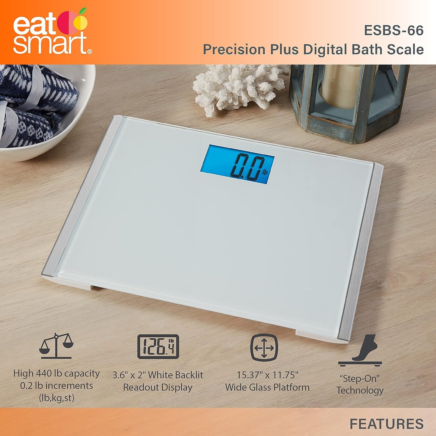 Eat Smart Precision Plus Scale, Wide Body Bath Scale for Body Weight, White