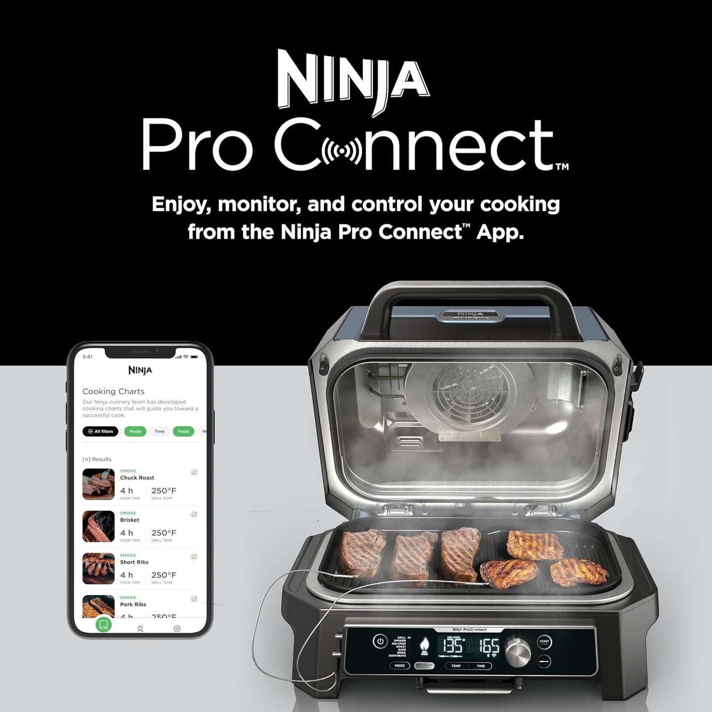 Ninja OG951 Woodfire Pro Connect Premium XL Outdoor Grill & Smoker, Bluetooth, App Enabled, 7-in-1 Master Grill, BBQ Smoker, Outdoor Air Fryer, Woodfire Technology, 2 Built-In Thermometers, Black/Blue