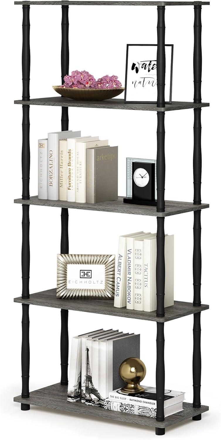 Furinno Turn-N-Tube 5-Tier Multipurpose Shelf Display Rack with Classic Tubes, French Oak Grey/Black