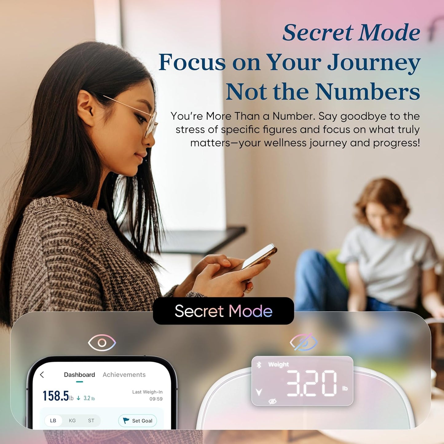 Etekcity Smart Rechargeable Scale for Body Weight, BMI, Fat, Muscle Mass, FSA&HSA Eligible, Digital Bathroom Scale with 13 Metrics, Secret Mode, Bluetooth Connect to Free Apps, Rainbow White