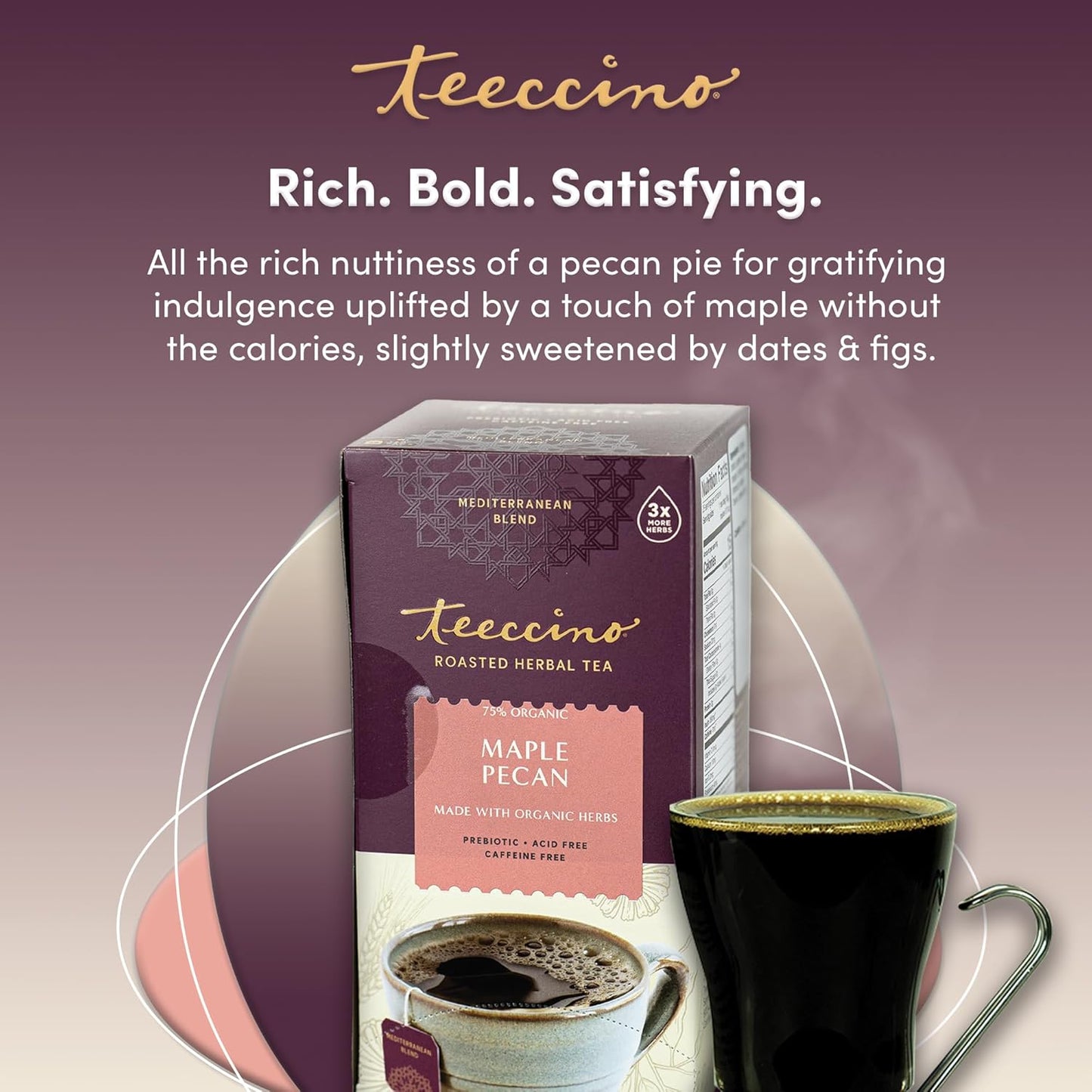 Teeccino Maple Pecan Herbal Tea - Rich & Roasted Herbal Tea That’s Caffeine Free & Prebiotic for Natural Energy, Coffee Alternative, 25 Count
