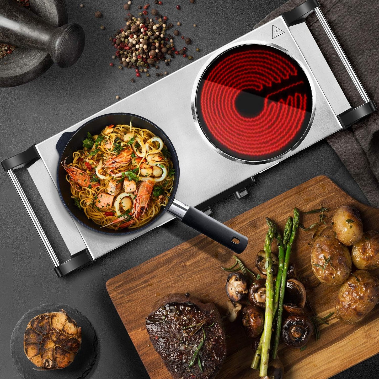 Techwood Electric Stove, Double Infrared Ceramic Hot Plates for Cooking, Two Control Cooktop Burner, Portable Anti-scald handles Suitable for Office/Home/Camp Use, 1800W Compatible for All Cookwares