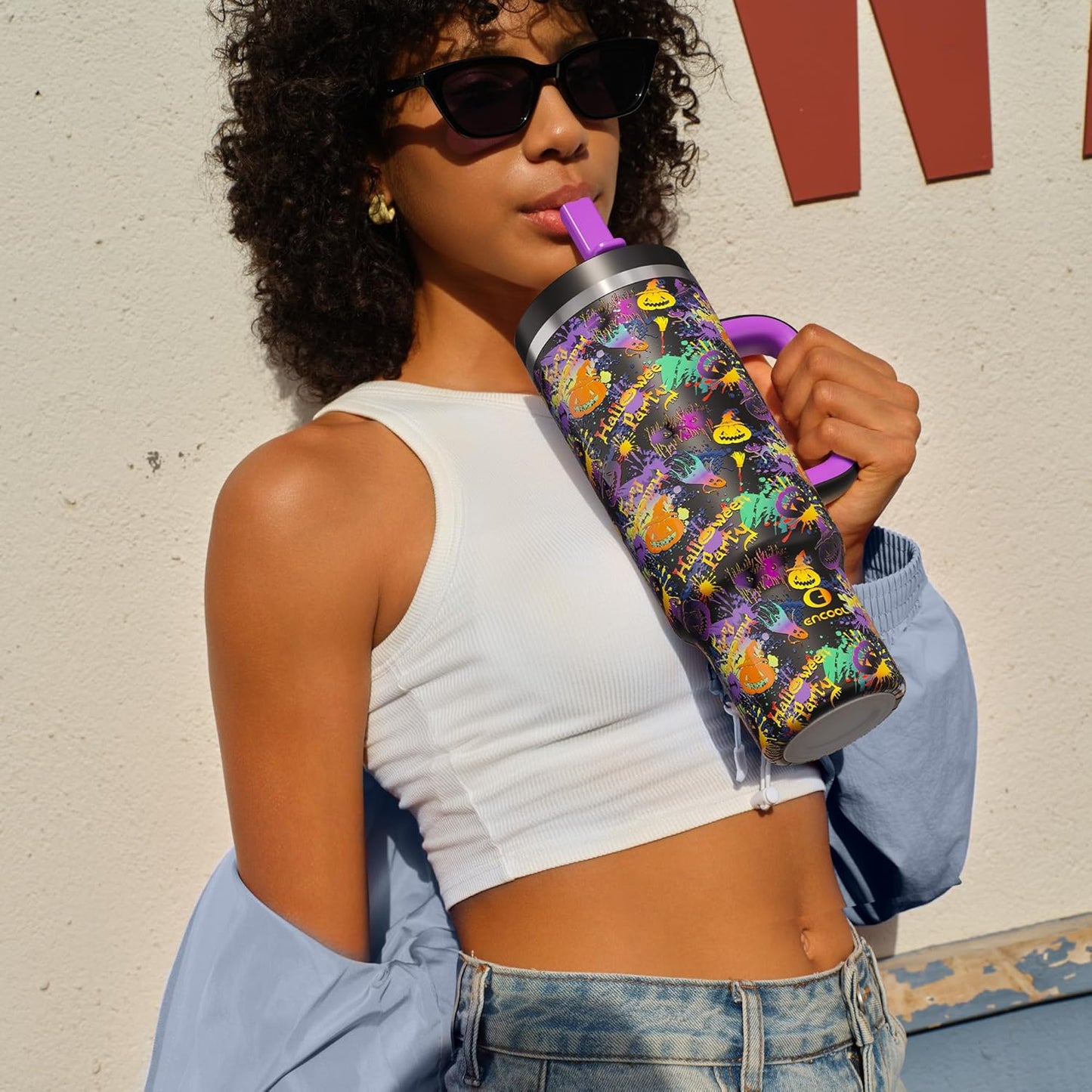 ENCOOL 40 oz Tumbler with Handle and Straw: Stainless Steel Insulated Tumbler Keeps Cold for 24 Hours, Leakproof Travel Cup Fits in Cup Holder and BPA-Free, Meowgic Night