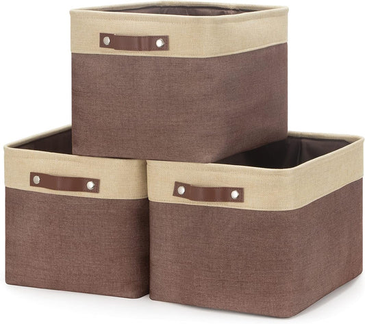 HNZIGE Large Fabric Storage Bins (3 Pack) Canvas Baskets for Storage Clothes Toys, Closet Baskets with Handles for Organizing Baby Nursery Closet Shelves Organization(Gold&Brown, 15" X 11" X 9.5")