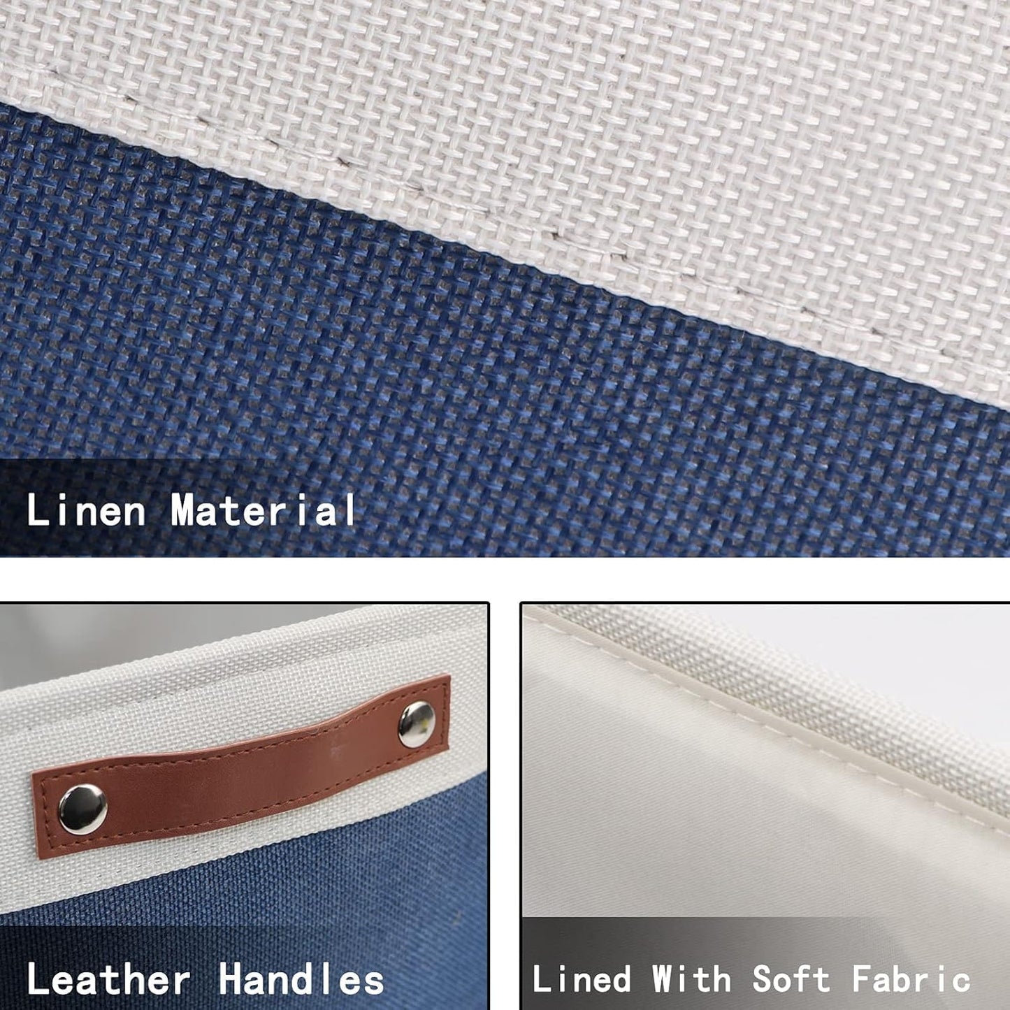 HNZIGE Baskets Fabric Storage Cubes Bins Baskets(3 Pack) Storage Baskets Cube for Shelf, Large Collapsible Organizer Closet Baskets,13x13 Toy Baskets with Leather Handle(White&Blue)