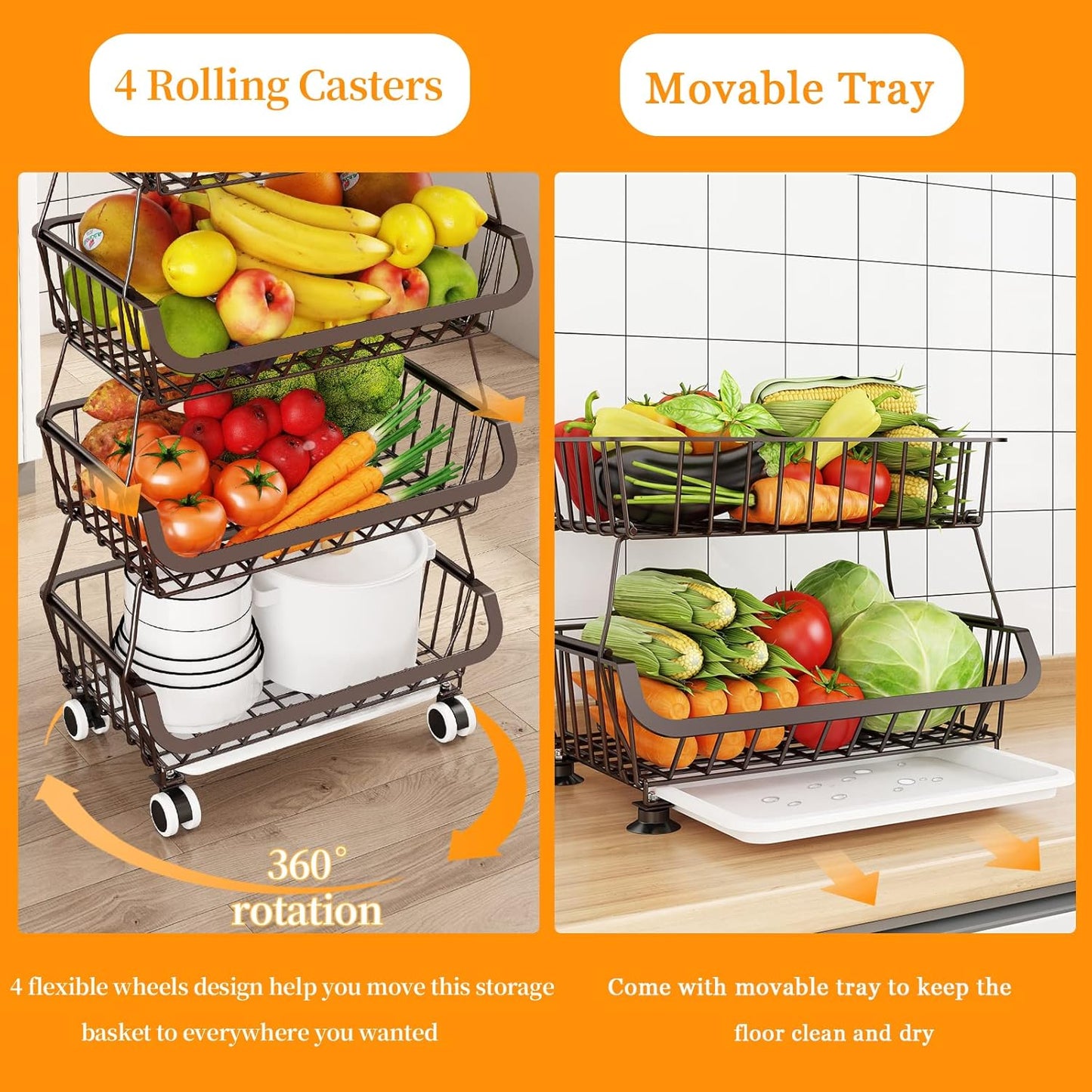 Miyawell Fruit Vegetable Storage Basket for Kitchen - 4 Tier Stackable Metal Wire Baskets Cart with Rolling Wheels Utility Fruits Rack Produce Snack Organizer Bins for Pantry Bathroom Laundry Bronze