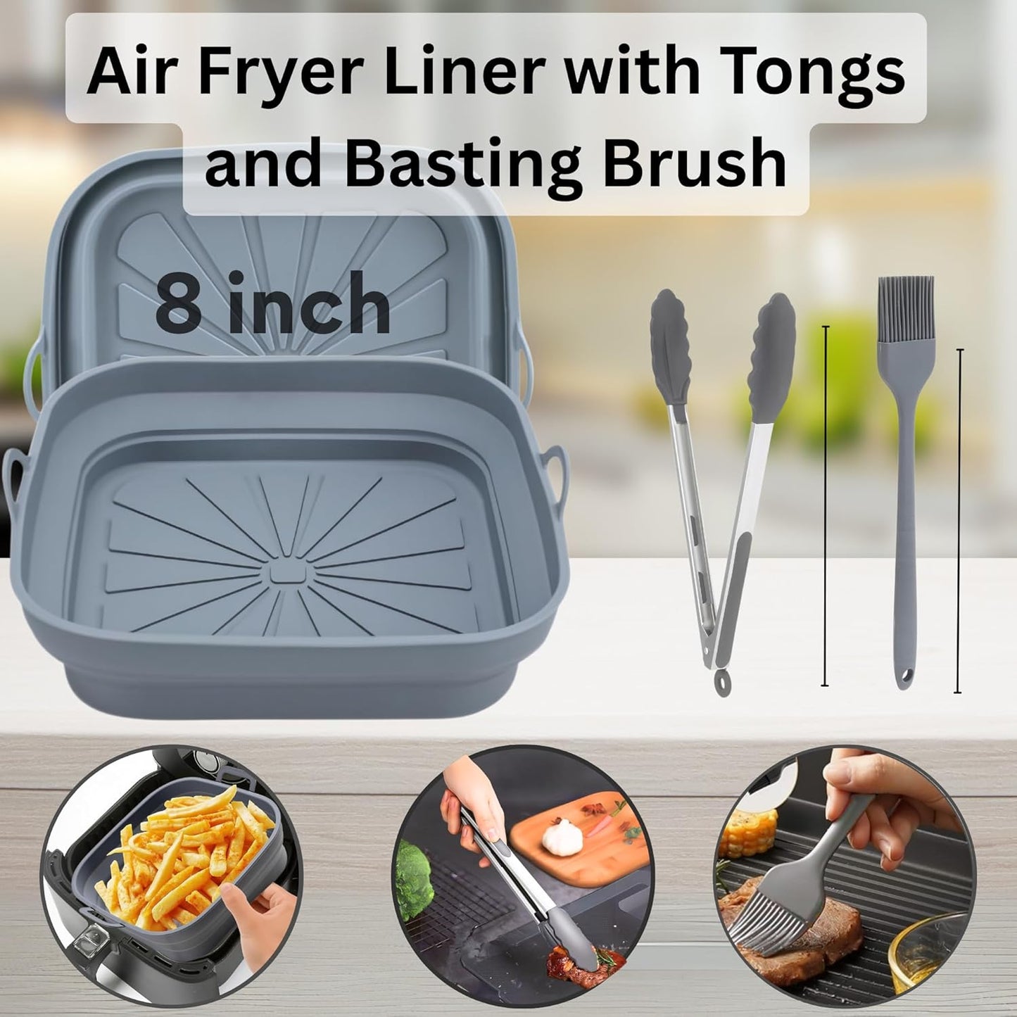 SAMIA 4PCs Reusable Silicone Air Fryer Liners Set - 8'' Collapsible Air fryer Liners with Cooking Tong & Basting Brush - BPA Free, Non-Stick, Food Safe Silicone Air Fryer Accessories