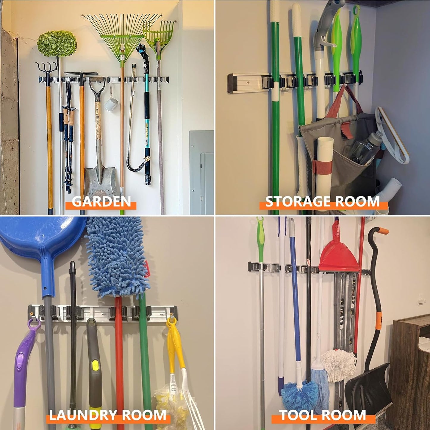 reliahom Broom Holder Wall Mount Mop and Broom Hanger Wall Mounted Garage Storage Rack Kitchen Garden Tool Organizer (4 Racks with 5 Hooks, Black)