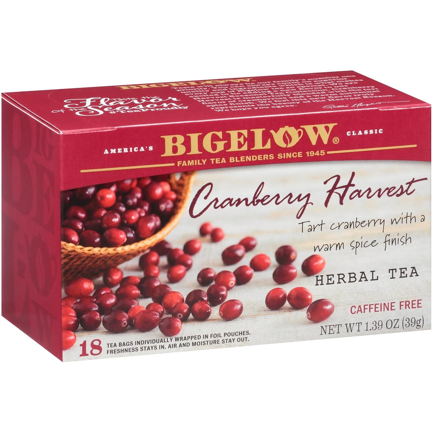 Bigelow Tea Cranberry Harvest Herbal Tea, Caffeine Free Tea with Cranberry and Spice, Holiday and Christmas Tea, 18 Count Box (Pack Of 6), 108 Total Tea Bags