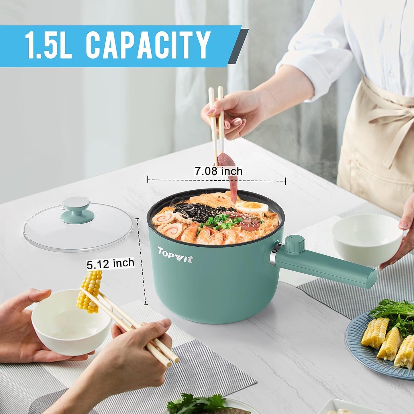 Topwit Hot Pot Electric, 1.5L Ramen Cooker, Non-Stick Frying Pan, Electric Pot for Pasta, Steak, BPA Free, Dual Power Control, Over-Heating & Boil Dry Protection, Green