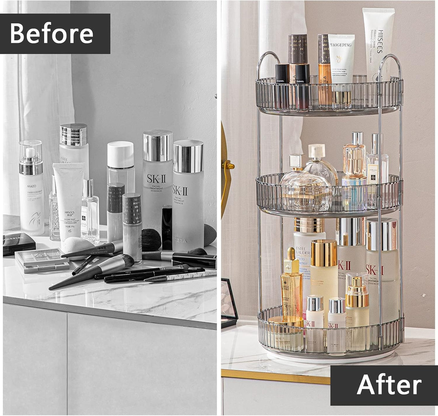 Rotating Makeup Organizer for Vanity, Large Capacity Skincare Perfume Storage, Bathroom Counter Organizer, 360 Spinning Cosmetic Dresser Countertop Organizers (Gray, 3 Tier)