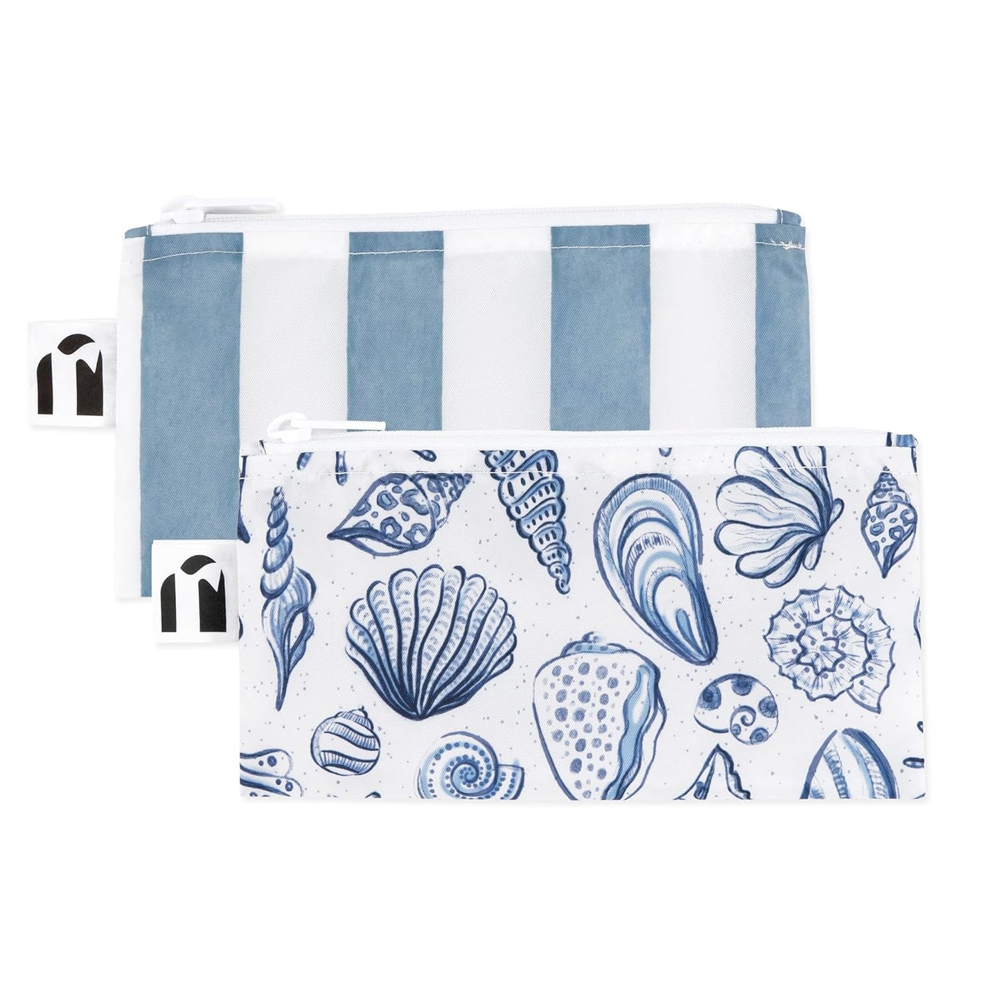 Roamio Reusable Snack Bags, for Kids School Lunch and for Adults Portion, Washable Fabric, Waterproof Cloth Zip Bag, Supplies Pack Travel Pouch, Food-Safe Storage, 2-pk Nautical Stripe and Blue Shells
