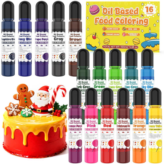 Oil Based Food Coloring for Chocolate - 16 Colors Concentrated Oil Food Dye, Food Grade Dye Set for Melting Chocolate, Candy Melts, Icing Frosting, Fondant, Cake Decorating, Baking, Cookies - 0.35 Fl.Oz/Bottles