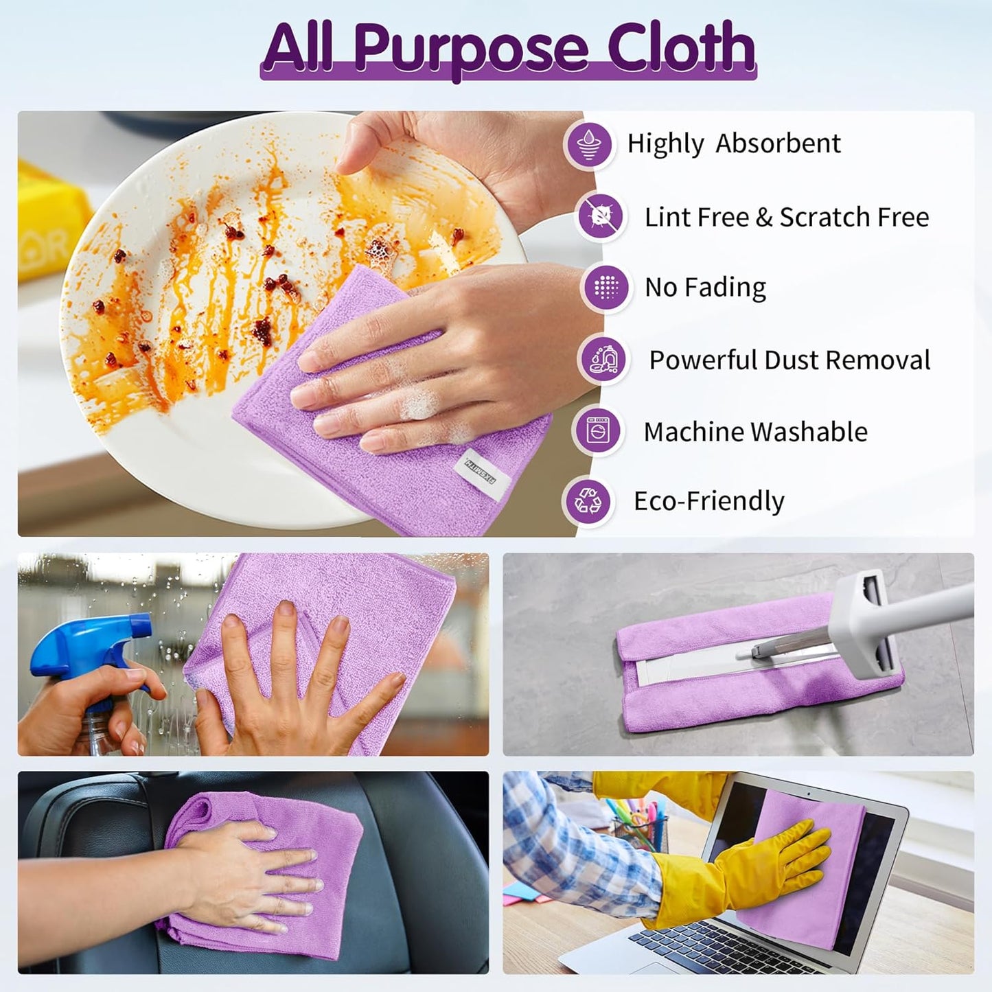 FIXSMITH Purple Microfiber Cleaning Cloth -Pack of 8, Highly Absorbent Cleaning Rags, 16"X12" All Purpose Cleaning Towels for Housekeeping, Kitchen, Car, Lint Free and Reusable Microfiber Towels