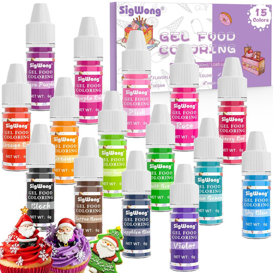 Gel Food Coloring - 15 Colors Flavorless Gel Based Food Color Dye, Vibrant Edible Concentrated Food Coloring for Cake Cookie Decorating, Easter Egg, Icing, Fondant, Christmas Baking, Macaron (6g/Bottle) - Vegan