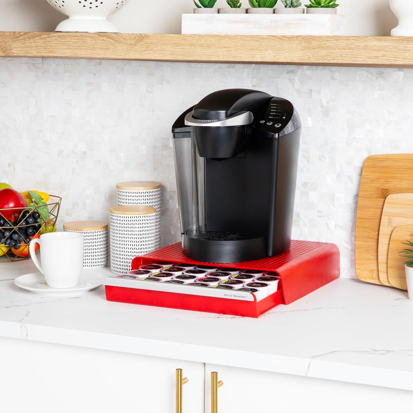 Mind Reader Single Serve Coffee Pod Drawer, 36 Pod Capacity, Countertop Organizer, 13.25"L x 12.75"W x 2.75"H, Red