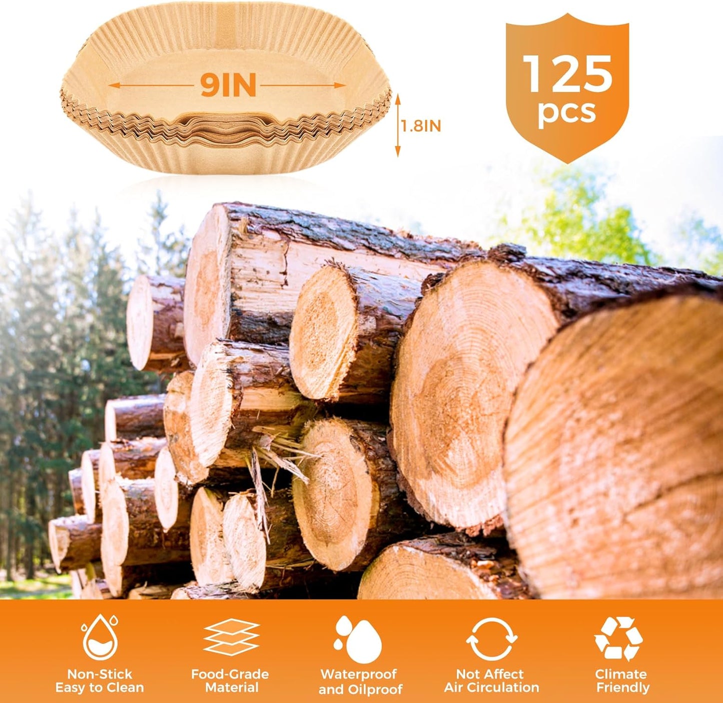 Vailnd Air Fryer Disposable Paper Liners 9inch Square, 125PCS Non-Stick Food Grade Air Fryer Parchment Paper, Oil Resistant & Waterproof Baking Liner for 8-12 QT Oven