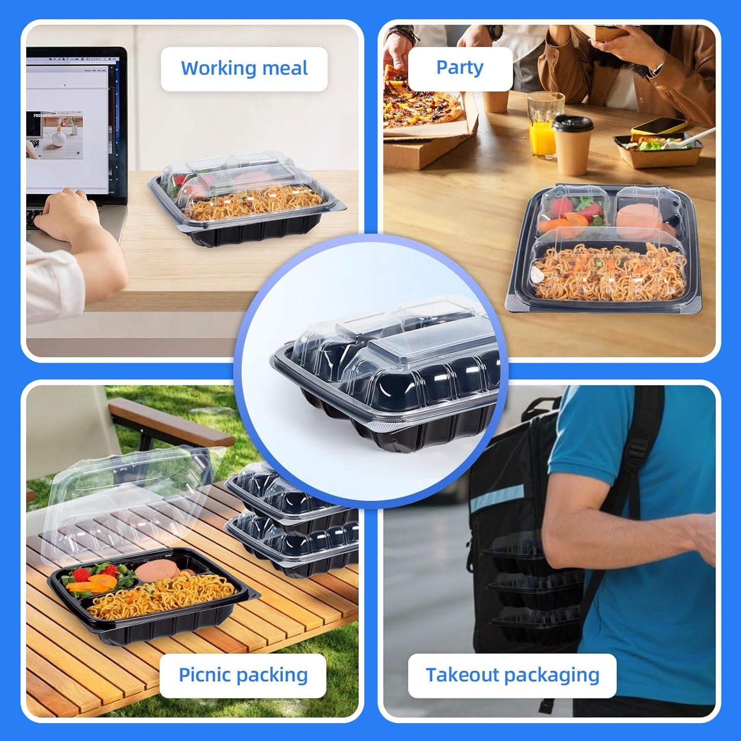 YANGRUI Food Containers 9.5" 38 oz 45 Pack - Anti Fog Lid Shrink Wrap Commercial PP BPA Free Takeout Box | Reusable & Disposable, Freezer & Microwave Safe | Restaurant 3 Compartment Plastic Container