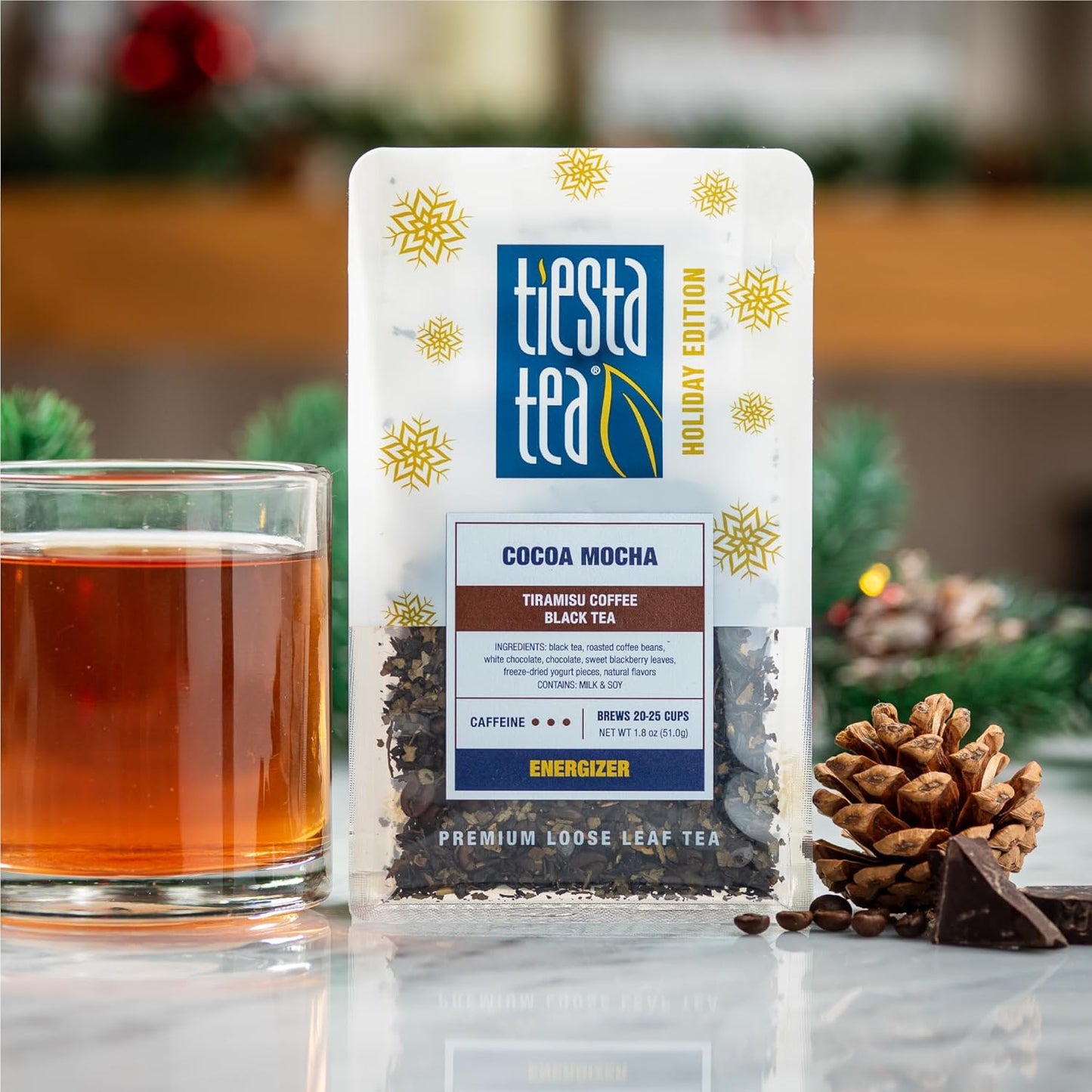 Tiesta Tea Cocoa Mocha, Premium Loose Leaf, Tiramisu Coffee Black Tea, Chocolate and Roasted Coffee, High Caffeinated Blend, Holiday, Hot or Iced Brews, Up to 25 Cups, 1.8 Ounce Resealable Pouch