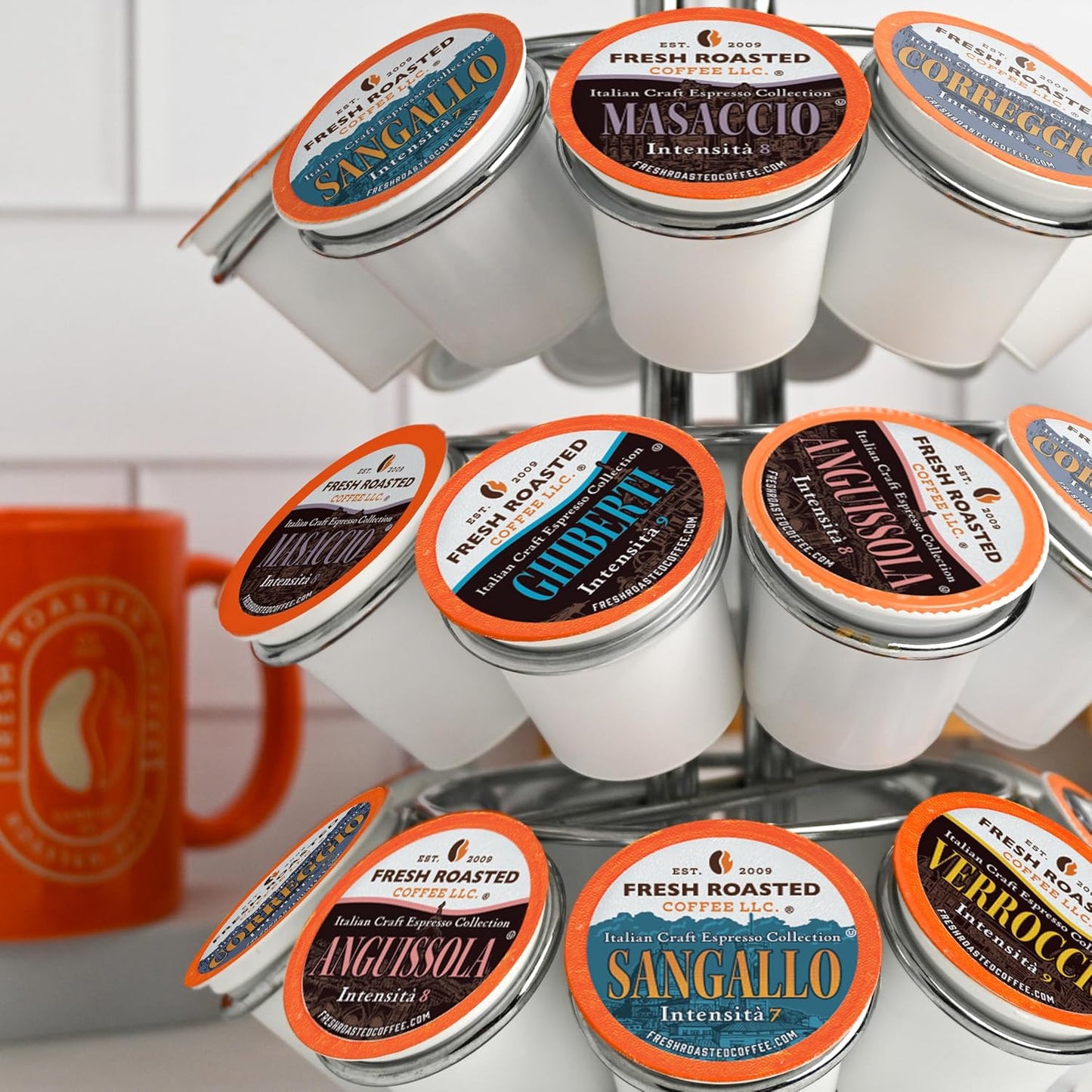 Fresh Roasted Coffee, Italian Craft Coffee Variety Pack, Artisan Blend, Dark Roast, Kosher, 96 Pods for K cup Brewers