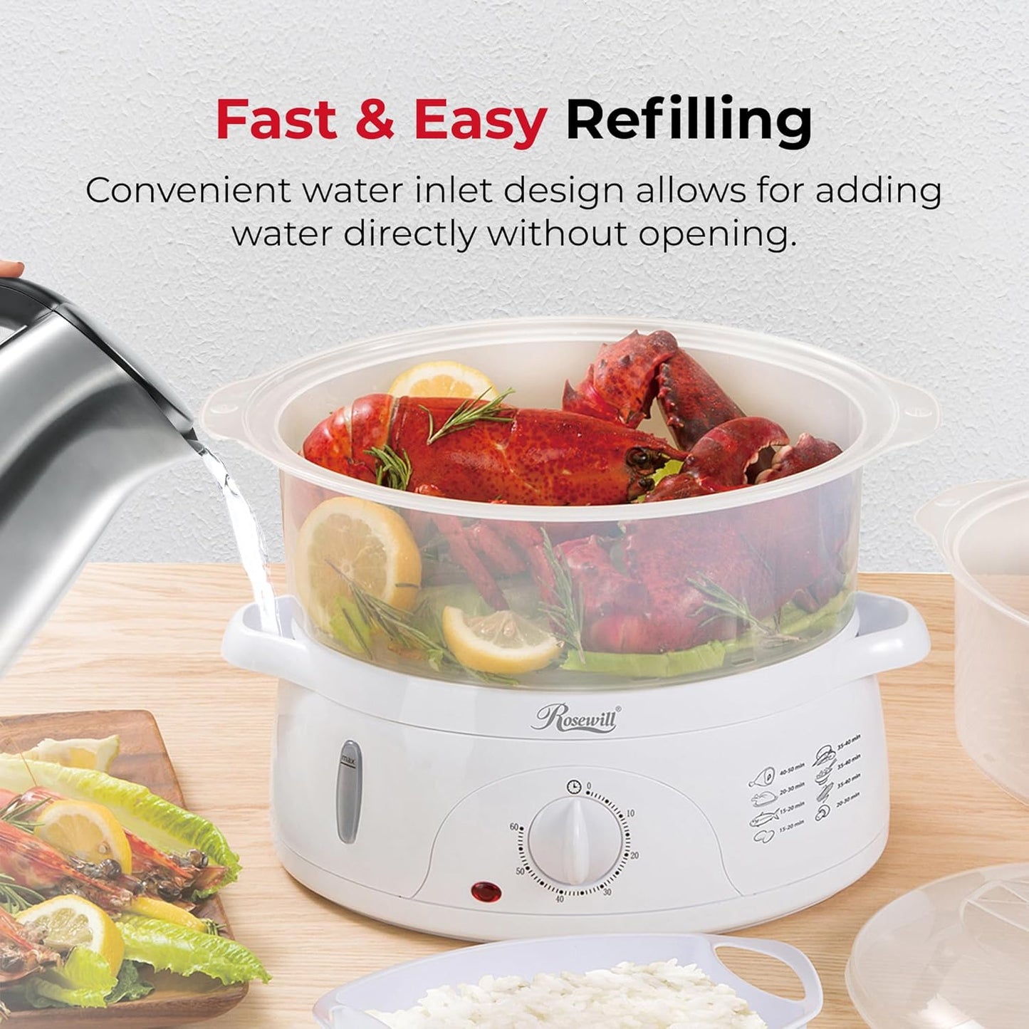 Rosewill Electric Food Steamer with 3 Tiers BPA-Free Stackable, Dishwasher Safe Baskets, 800W with fast steam heating within 40s, Auto shut-off and 60-min timer, 9.5 Quarts Capacity - White