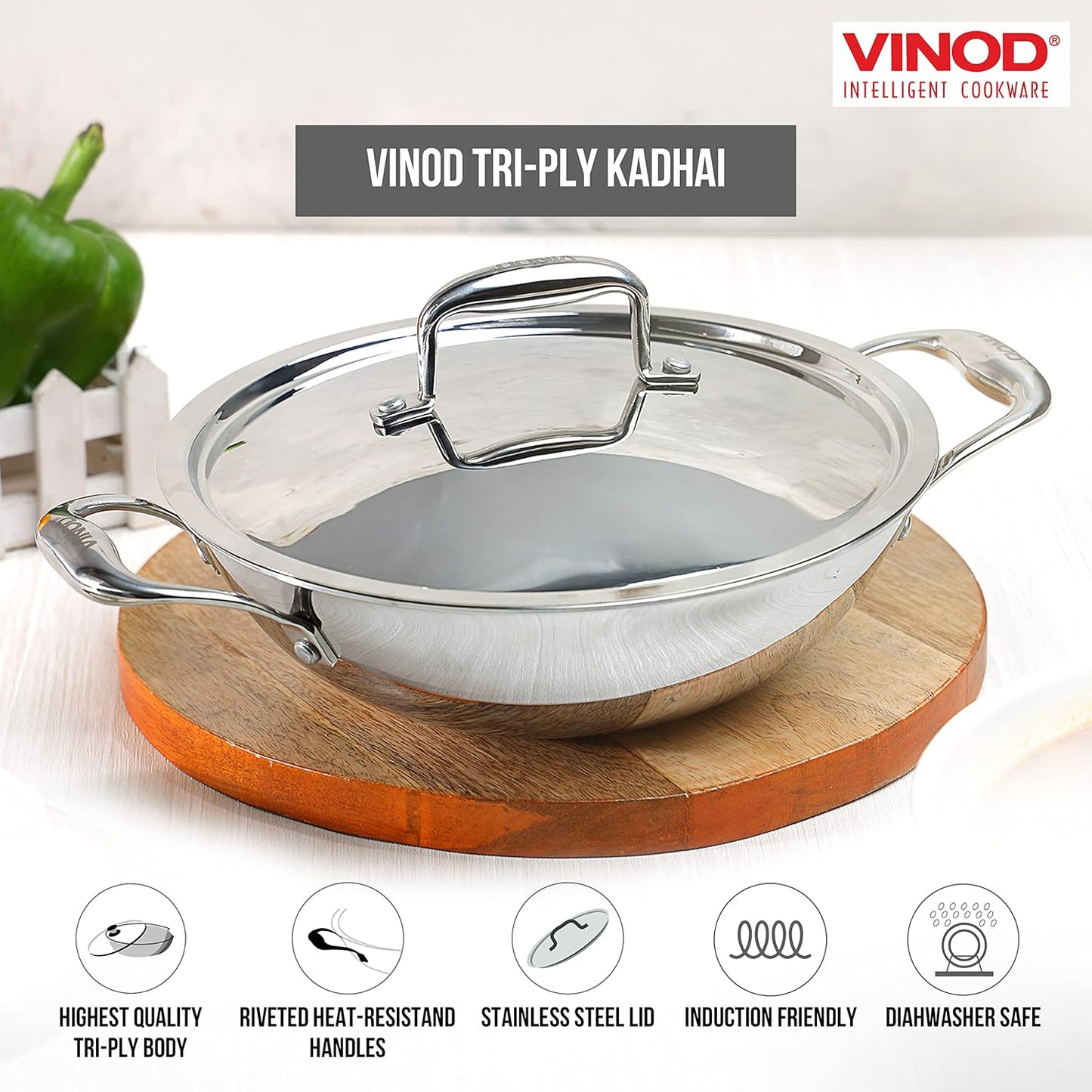 Vinod Platinum Triply Stainless Steel Kadai with Lid | Size: 28CM - 3.7L