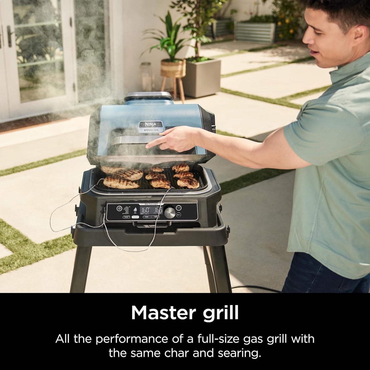 Ninja OG951 Woodfire Pro Connect Premium XL Outdoor Grill & Smoker, Bluetooth, App Enabled, 7-in-1 Master Grill, BBQ Smoker, Outdoor Air Fryer, Woodfire Technology, 2 Built-In Thermometers, Black/Blue